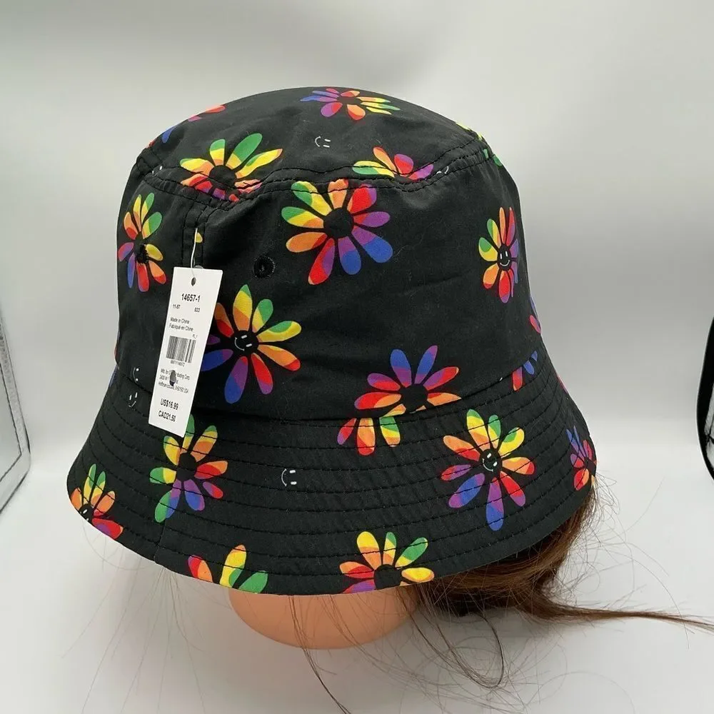 Claire’s Colorful Floral Black Bucket Hat NWT